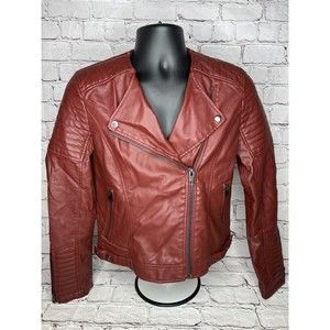 Forever 21 Womens Faux Leather Moto Zip Jacket Mahogany Size Medium